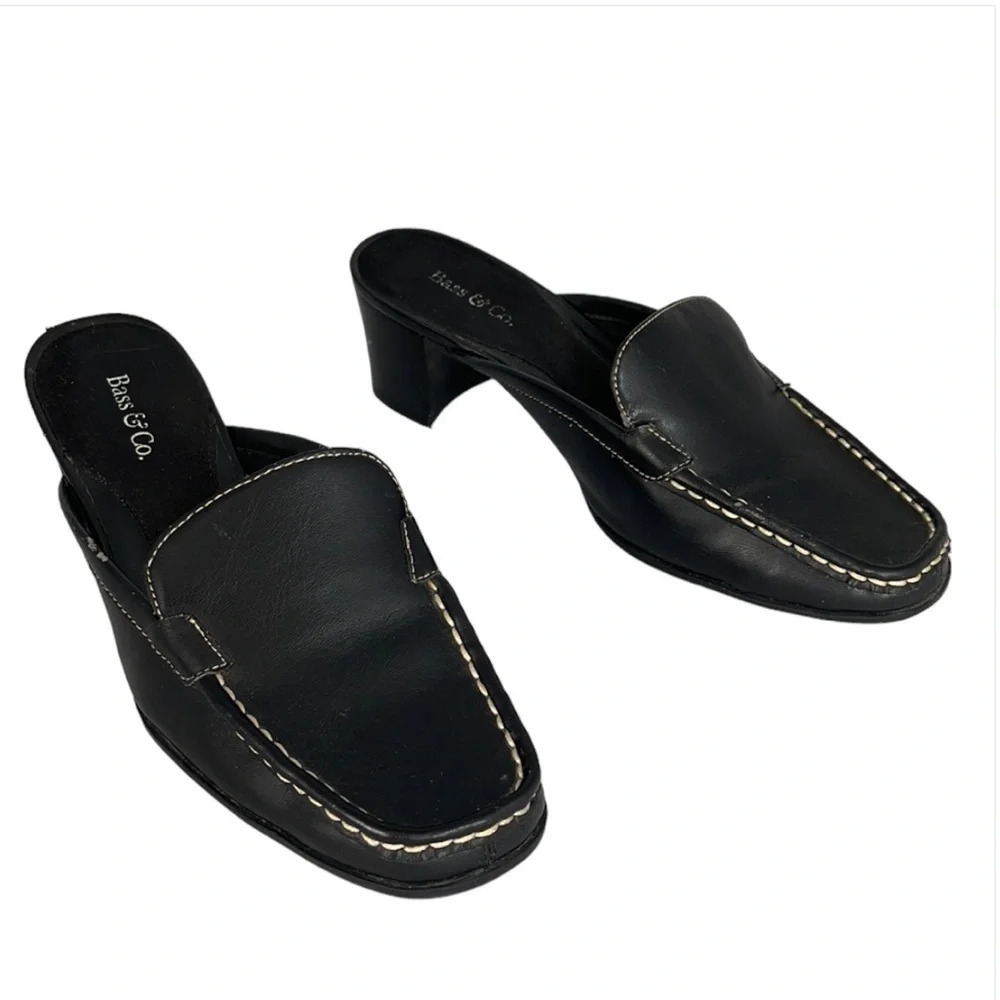 BASS & CO Cecile Chunky Heel Slide Loafers Black Vegan Leather Rubber Soles 7